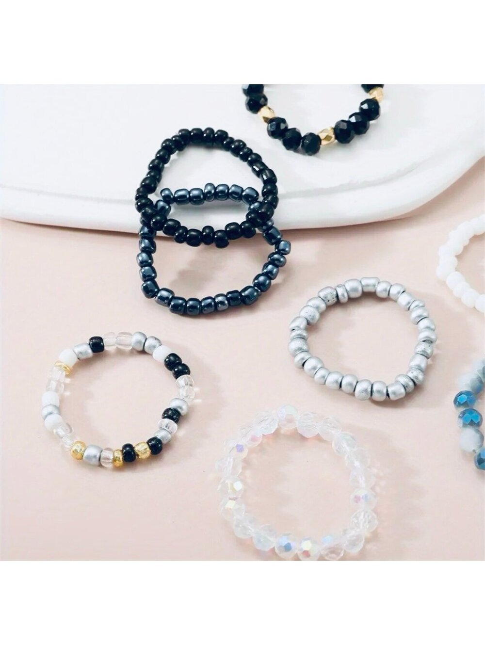New - Chic - 4Pcs Boho Style -Beaded Adjustable Ring Set